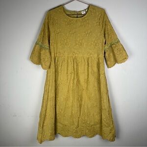 Orange Creek Mustard Yellow Embroidered Bell Sleeve Peasant Dress M